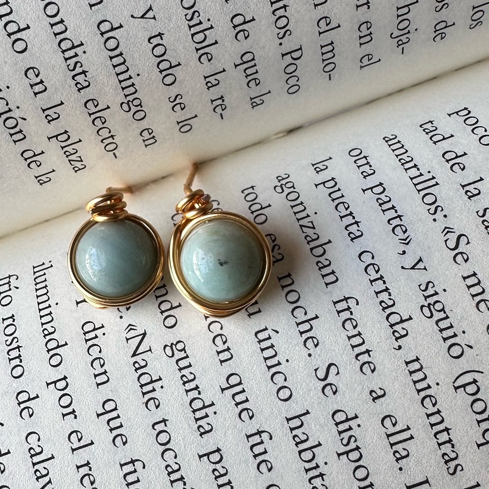 Blue Amazonite gold chunky stud bon bon earrings/Virgo jewelry dainty bohemian - Picture 5 of 8
